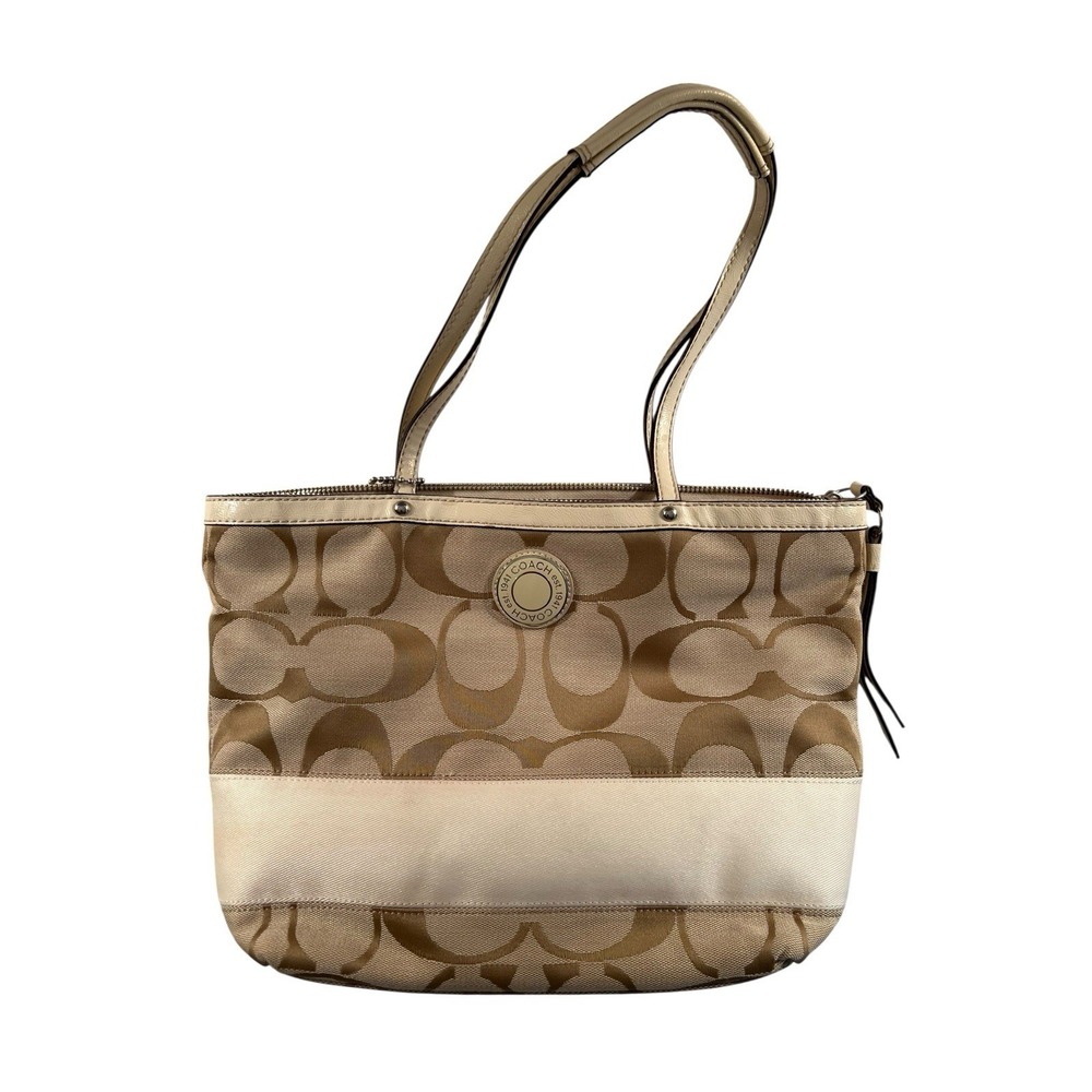 COACH Signature Stripe Canvas Shoulder Bag Purse Handbag Creme Ivory Tan F19046